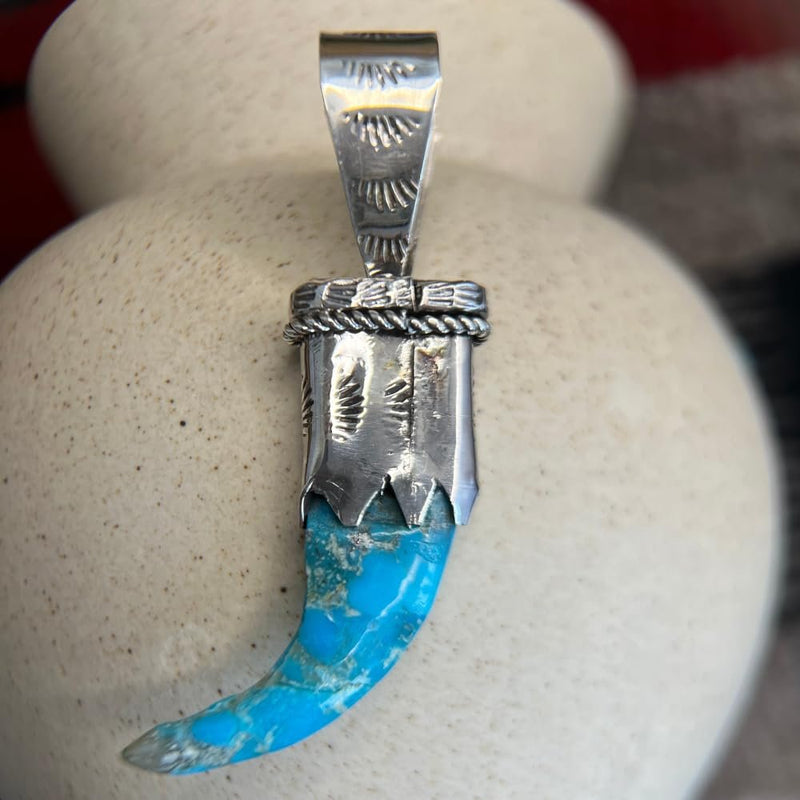 Sterling Silver & Blue Turquoise Carved Claw Pendant – Navajo Handmade