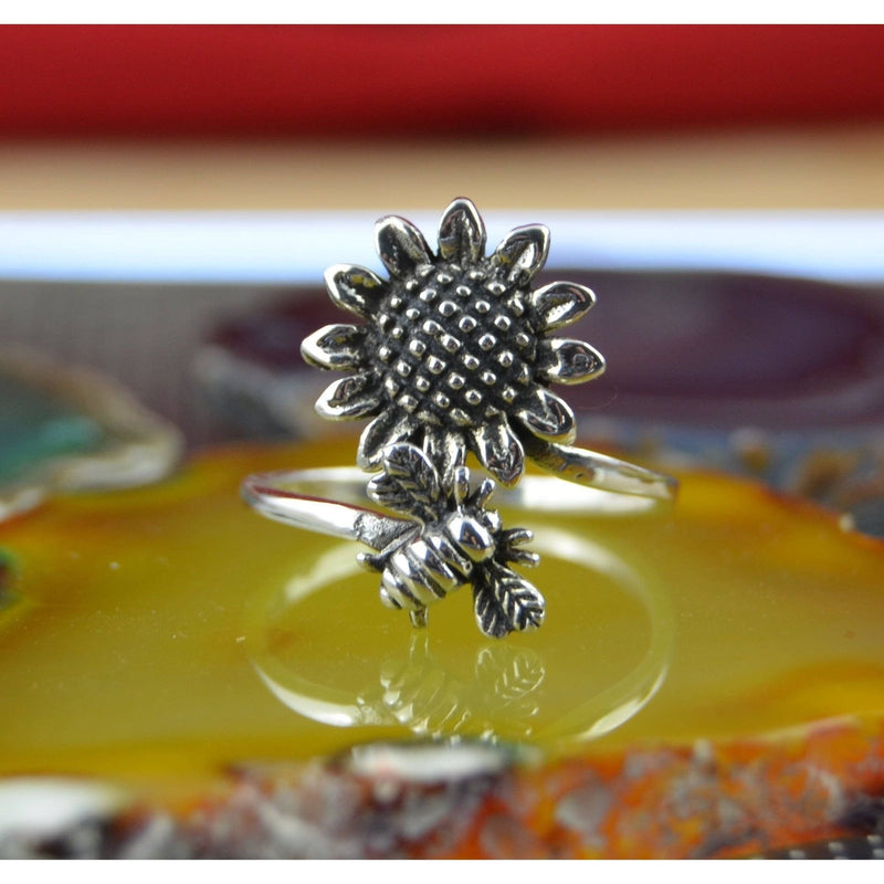 Viral 925 Sterling Silver Bee & Sunflower Adjustable Ring, Sizes 6-9