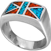 Size 10-925 Sterling Silver Geometric Flag Ring, Turquoise & Red Coral, Abstract Gemstone Design, Handmade Geometric Statement Jewelry, Handcrafted Birthstone Band