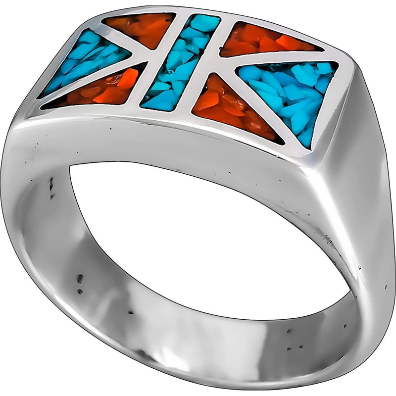 Size 10-925 Sterling Silver Geometric Flag Ring, Turquoise & Red Coral, Abstract Gemstone Design, Handmade Geometric Statement Jewelry, Handcrafted Birthstone Band