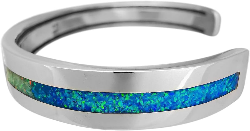 925 Sterling Silver Rainbow Opal Cuff Bracelet, Single Band of Inlay, Handmade Gemstone Jewelry (Medium)