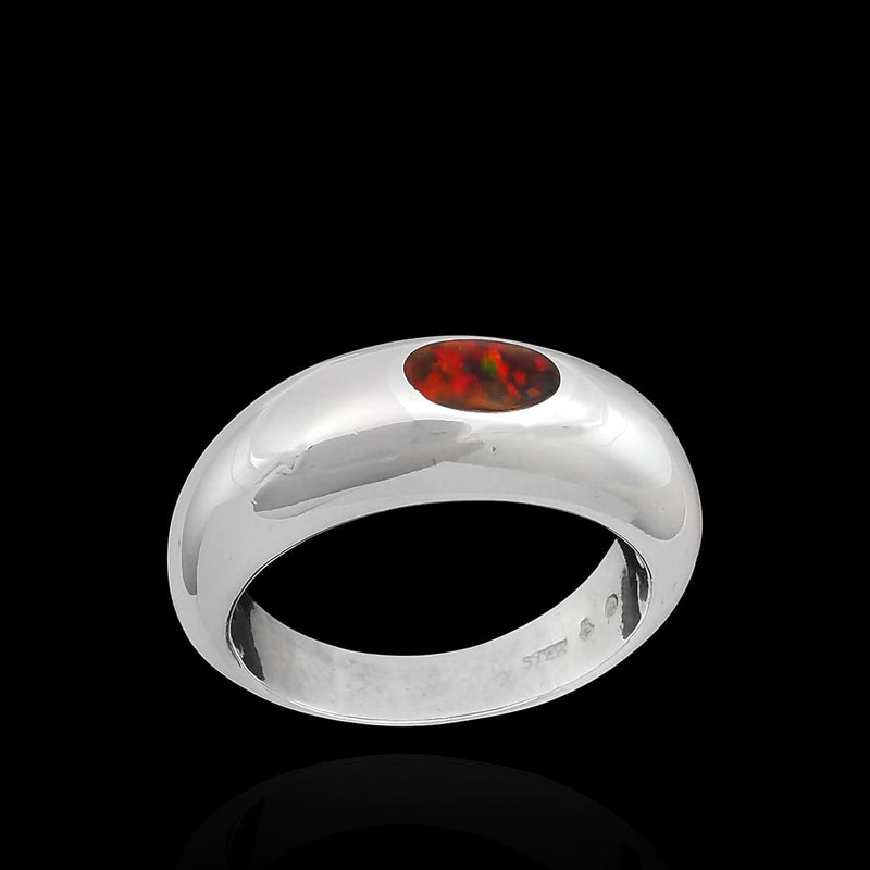 Size 8-925 Sterling Silver Large Oval Inset Band, Red Opal, Handmade Oval Statement Ring, Geometric Pattern