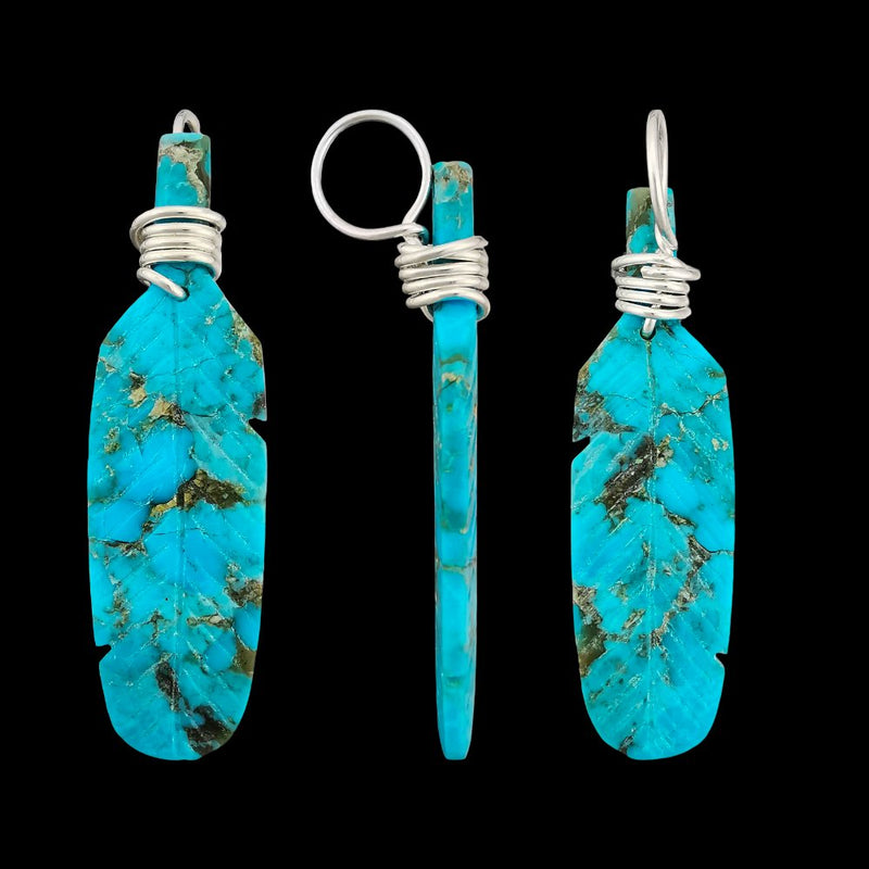 Native American Pendant, Hand Carved Turquoise Feather, 925 Silver