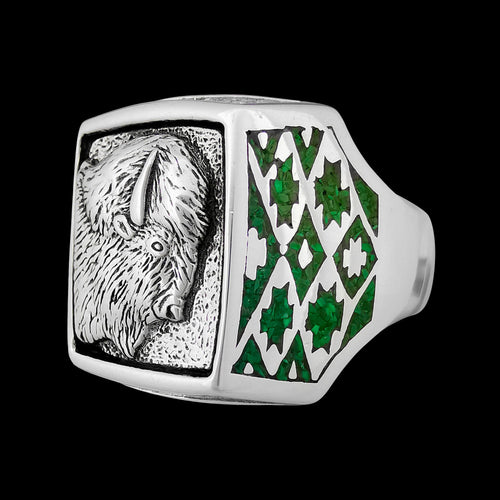 Size 14-Sterling Silver Buffalo Head Ring • Malachite and Mother of Pearl Inlay • Navajo Handmade