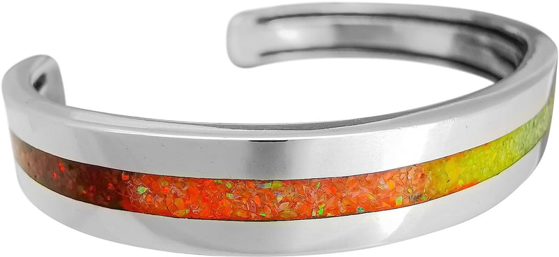 925 Sterling Silver Rainbow Opal Cuff Bracelet, Single Band of Inlay, Handmade Gemstone Jewelry (Medium)