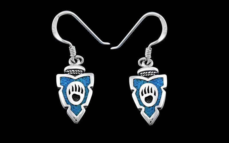 Sterling Silver and Turquoise Bear Paw Arrowhead Dangle Earrings