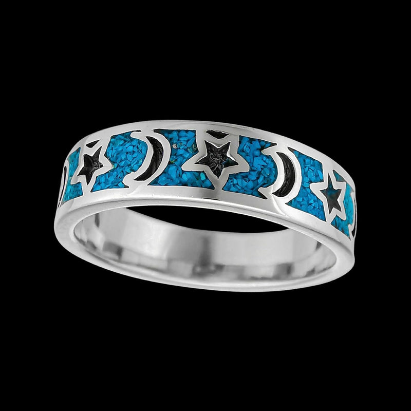 Size 9-925 Sterling Silver & Turquoise Moon & Stars Band, Night Sky Design, Handmade Gemstone Jewelry, Crescent Moon