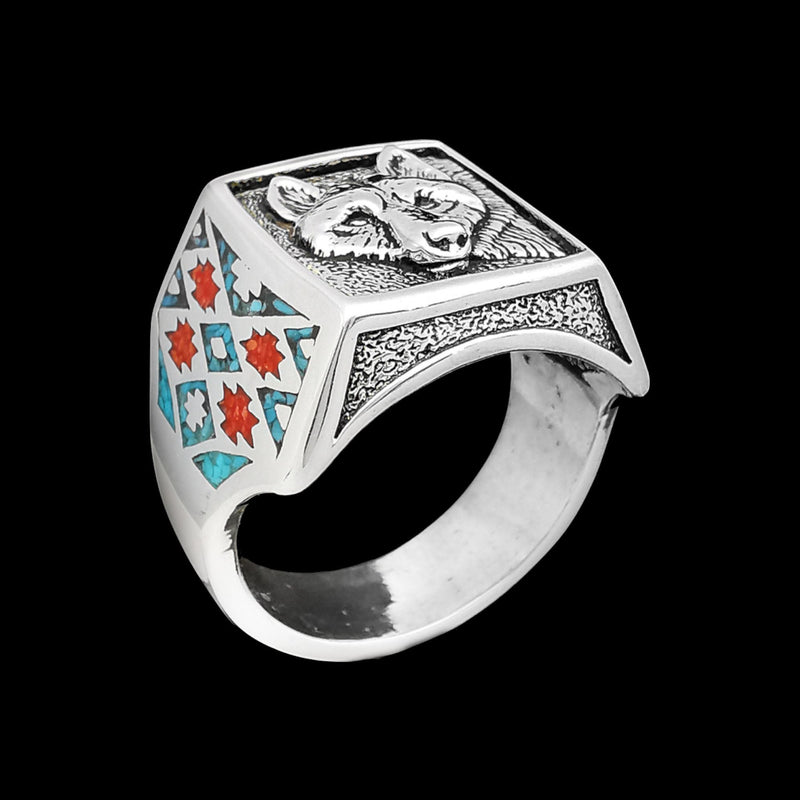 Wolf Ring with Turquoise and Red Coral Inlay • Posing Wolf Design • 925 Sterling Silver • Navajo
