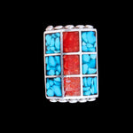 Size 7.5-925 Sterling Silver Turquoise Resin Rectangle Ring, Engraved Fan Design, Handmade Gemstone Jewelry, Statement Birthstone Band