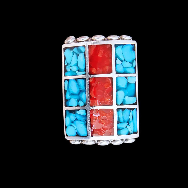 Size 7.5-925 Sterling Silver Turquoise Resin Rectangle Ring, Engraved Fan Design, Handmade Gemstone Jewelry, Statement Birthstone Band