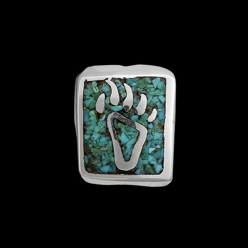 Size 6 - Vintage 925 Sterling Silver Rectangular Royston Turquoise Chip Ring, Bear Claw & Paw Design, Handmade Gemstone Jewelry, Navajo Solitaire Birthstone Band