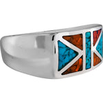 Size 10-925 Sterling Silver Geometric Flag Ring, Turquoise & Red Coral, Abstract Gemstone Design, Handmade Geometric Statement Jewelry, Handcrafted Birthstone Band