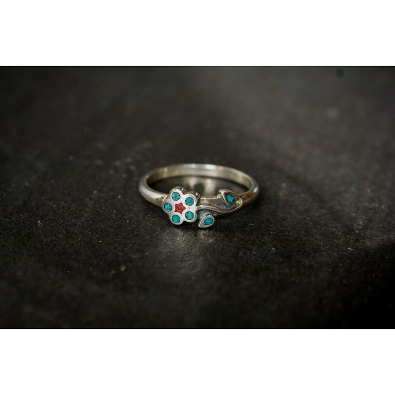 Size 7 - 925 Sterling Silver Turquoise and Coral Flower Ring