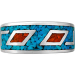 Size 6.5-925 Sterling Silver Large Geometric Turquoise & Red Coral Ring, Native Tribal Inspired Design, Handmade Gemstone Band, Handcrafted Birthstone Jewelry