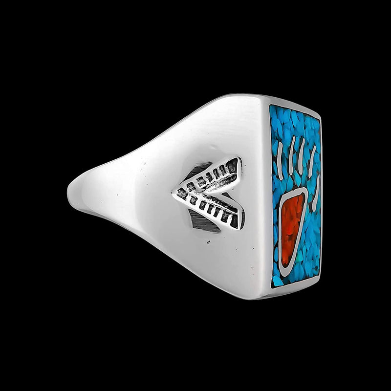 Size 13-925 Sterling Silver, Turquoise, & Red Coral Bear Paw Showcase Ring, Detailed Claw Design, Handmade Gemstone Nature Band, Handcrafted Animal Jewelry