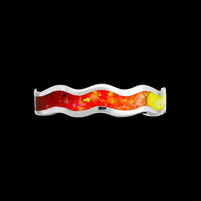 Size 8-925 Sterling Silver Wavy Rainbow Fire Opal Ring, Curved Single Band Design, Handmade Gemstone Band, Handcrafted Birthstone Jewelry