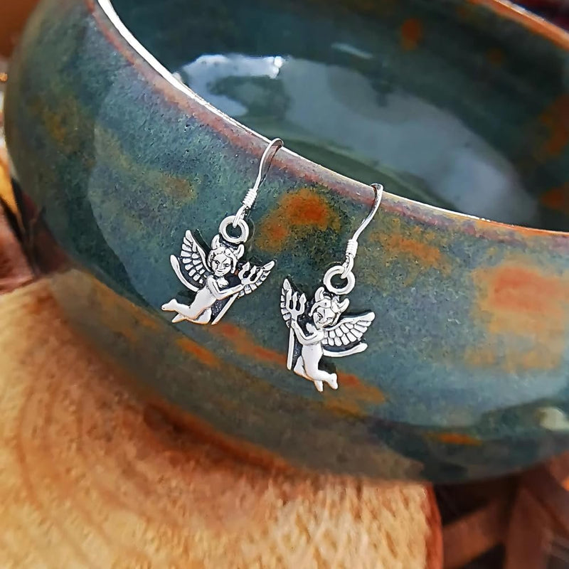 Sterling Silver Winged Devil Earrings with Pitchfork – Halloween Special