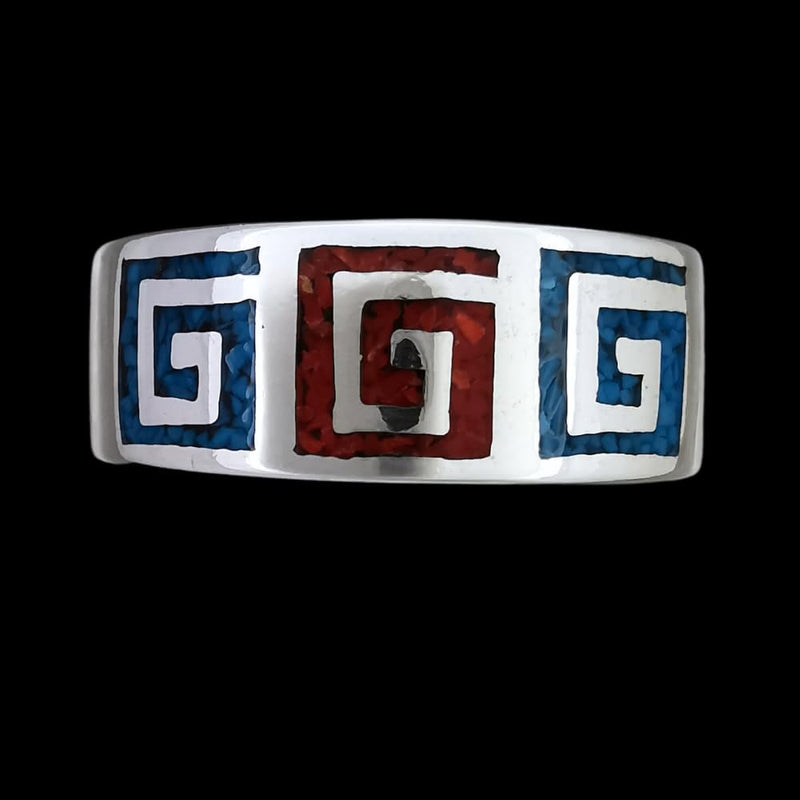 Size 8-925 Sterling Silver Swirling Tribal Band, Turquoise & Coral, Handmade Gemstone Jewelry
