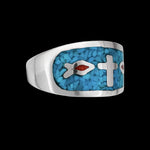 925 Sterling Silver Turquoise and Red Coral Ichthys Ring, Cross & Christian Fish Design, Handmade Native American Gemstone Jewelry, Statement Birthstone Band (10)