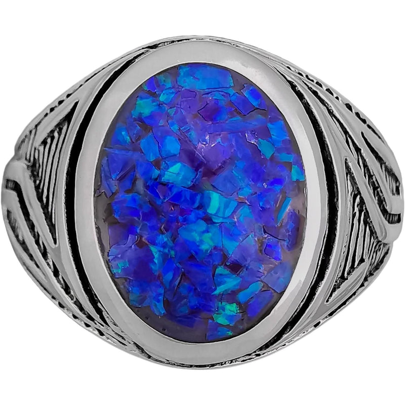 Size 10-925 Sterling Silver Oval Blue Opl Ring, Geometric Maze Accent Design, Handmade Gemstone Jewelry, Statement Birthstone Band
