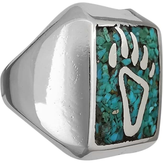 Size 6 - Vintage 925 Sterling Silver Rectangular Royston Turquoise Chip Ring, Bear Claw & Paw Design, Handmade Gemstone Jewelry, Navajo Solitaire Birthstone Band
