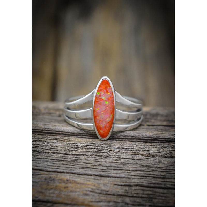 Size 7 - Sterling Silver and Orange Opal Three Prong Oval Ring