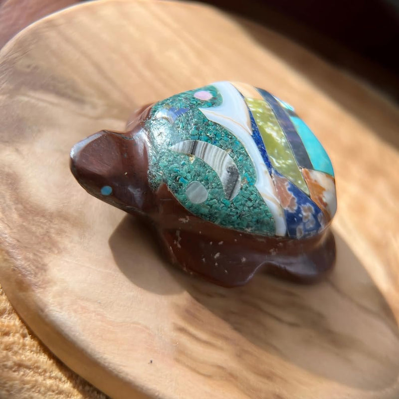 Zuni Turtle Fetish by Jayne Quam – Night Sky Mosaic Inlay with Crescent Moon & Turquoise Eyes