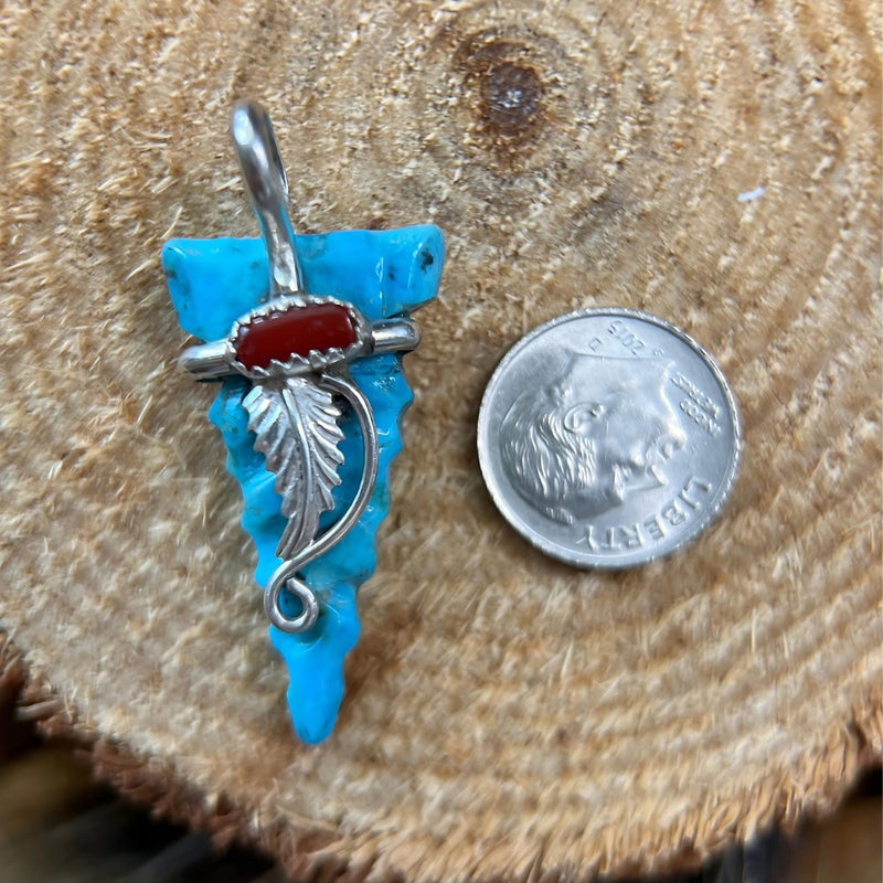 Native American Pendant, Hand Carved Turquoise Arrowhead, 925 Silver