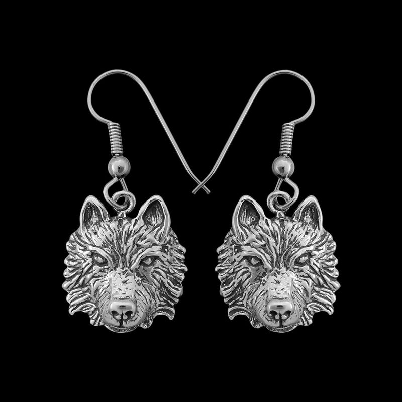 Sterling Silver Gray Wolf Dangle Earrings