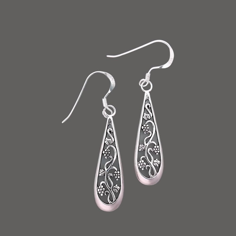 Sterling Silver Grapevine Teardrop Dangle Earrings