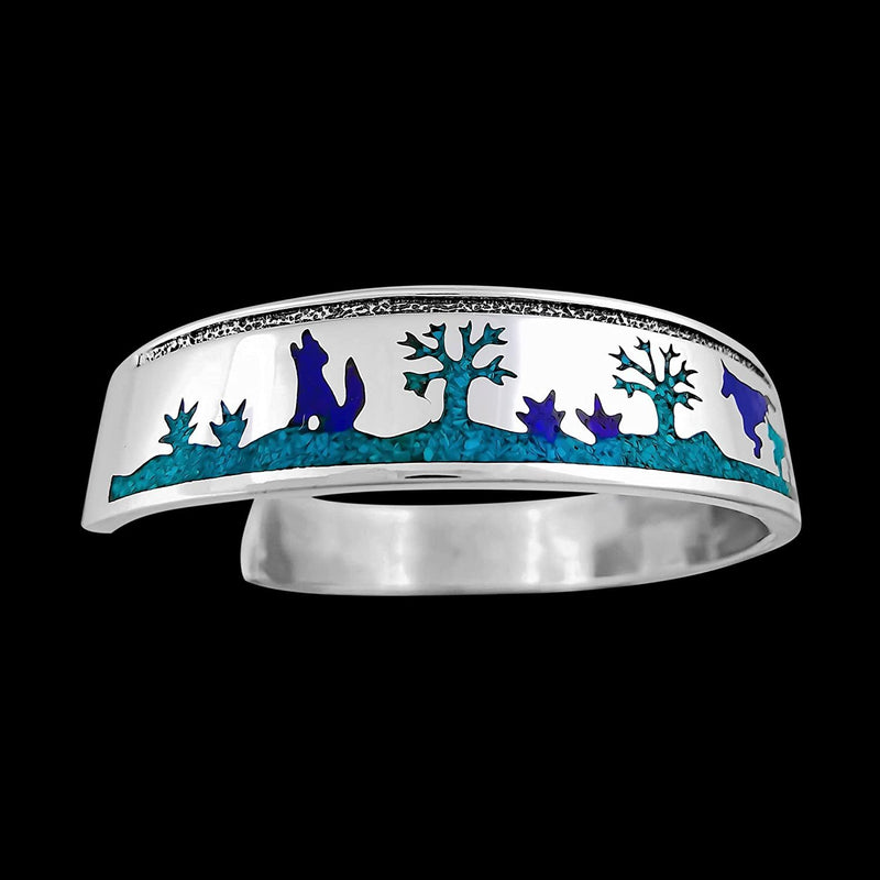 Navajo Sterling Silver Wolf Bracelet with Turquoise and Lapis Lazuli - Handmade Nature Inspired Jewelry, Size 6.5, Southwest Style Statement Piece