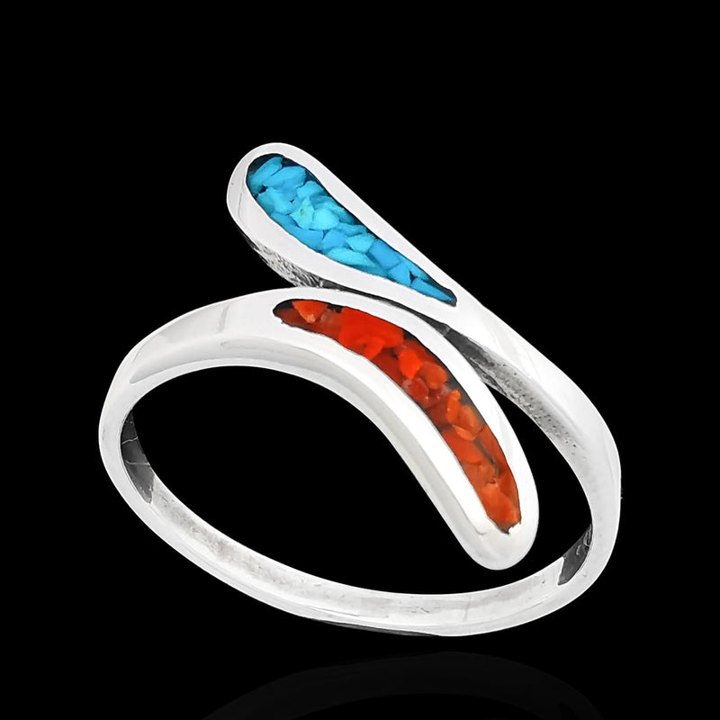 Size 7 Turquoise and Coral Sterling Silver Tresse Ring