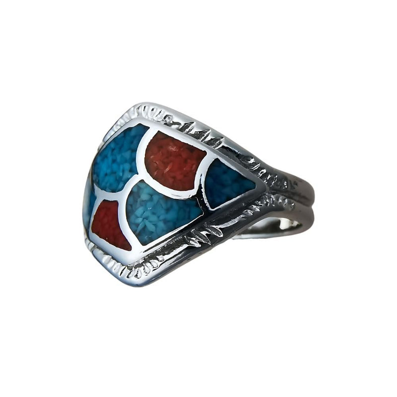 Size 12 - Vintage Southwestern Silver Ring with Turquoise and Coral Inlay
