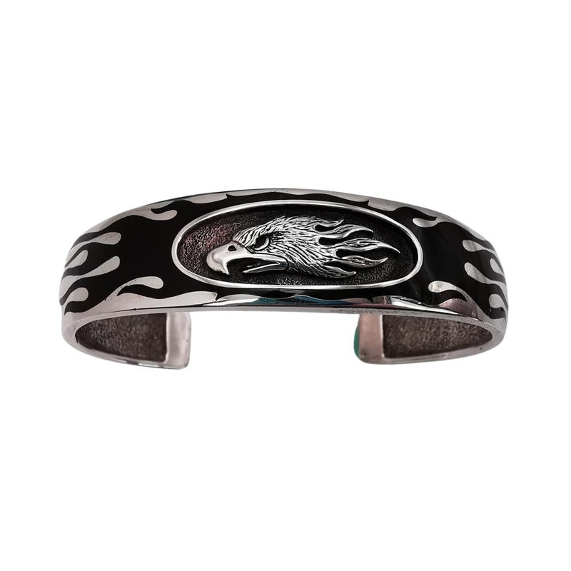 Sterling Silver Flying Eagle Cuff Bracelet with Black Resin Flame Inlay