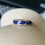 Size 10-925 Sterling Silver and Lapis Lazuli Band, Segmented Triangle Design, Handmade Geometric Jewelry, Statement Navajo Gemstone Flat Band