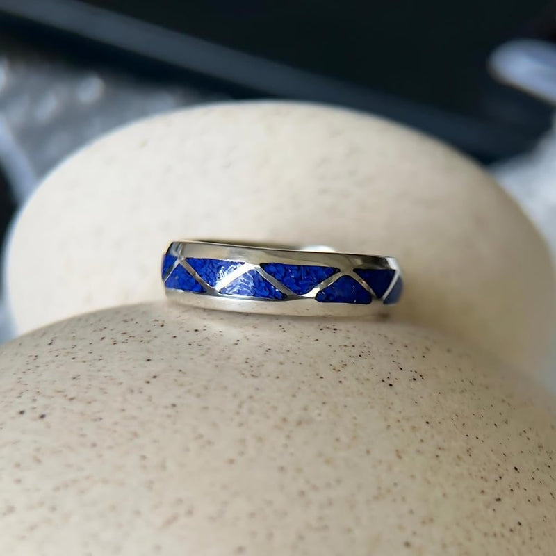 Size 10-925 Sterling Silver and Lapis Lazuli Band, Segmented Triangle Design, Handmade Geometric Jewelry, Statement Navajo Gemstone Flat Band