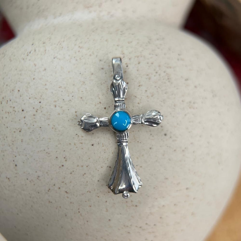 Sterling Silver Diamond-Cut Cross Pendant with Turquoise Cabochon