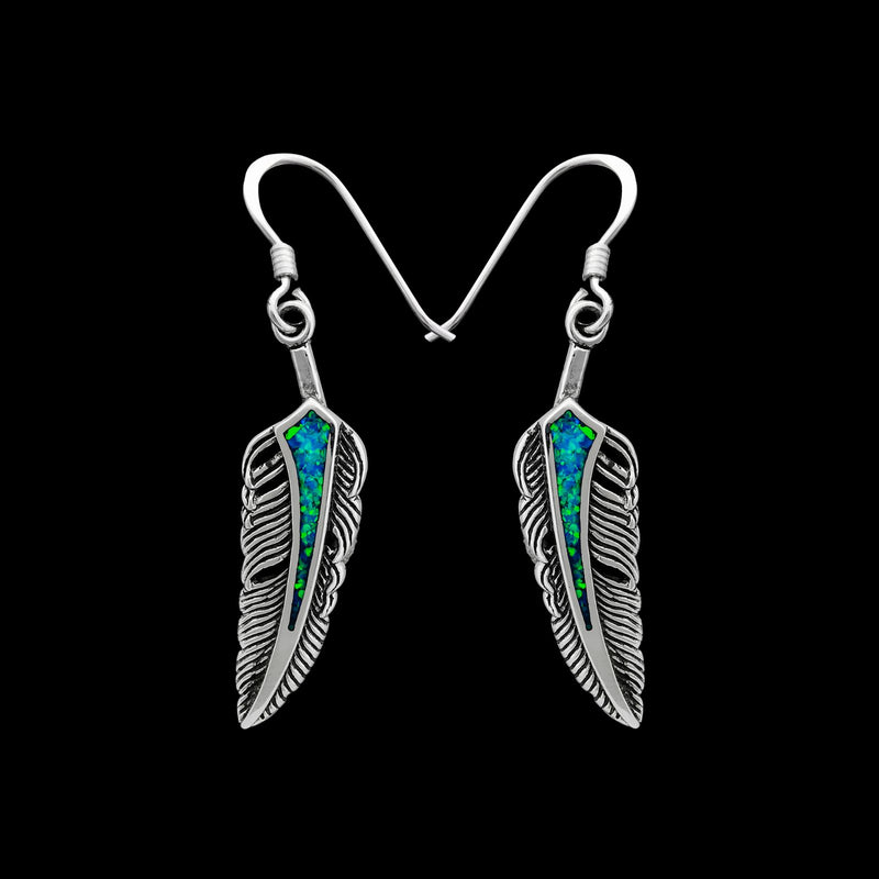925 Sterling Silver Feather Earrings, Blue Opal Earrings, Eagle Feather Earrings