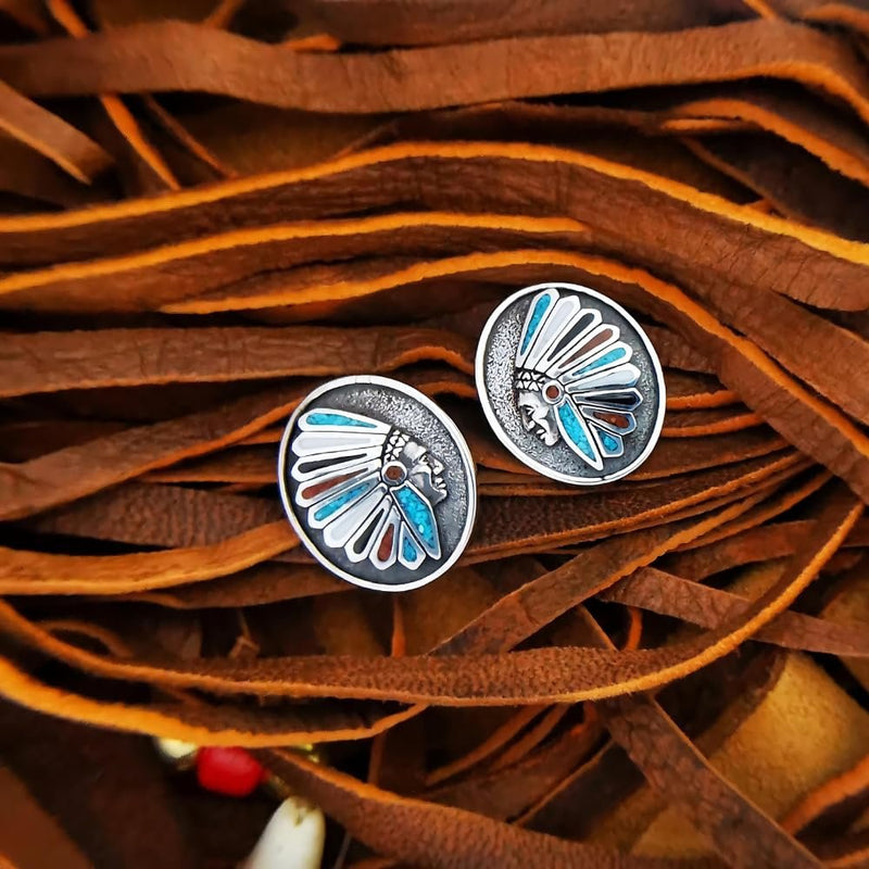 Sterling Silver Native Chief Headdress Stud Earrings