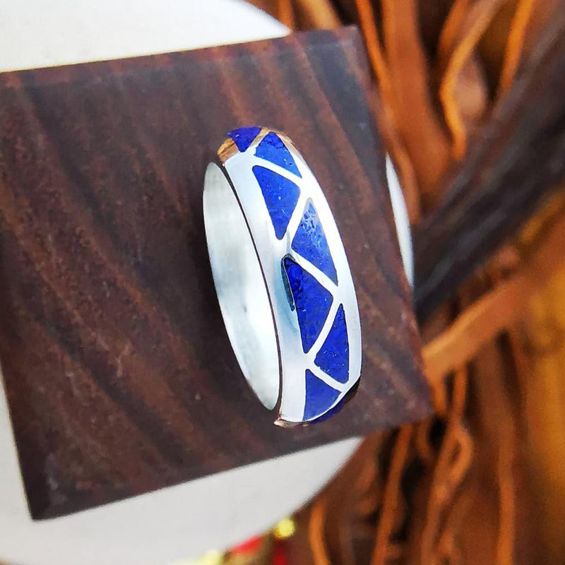 Size 10-925 Sterling Silver and Lapis Lazuli Band, Segmented Triangle Design, Handmade Geometric Jewelry, Statement Navajo Gemstone Flat Band