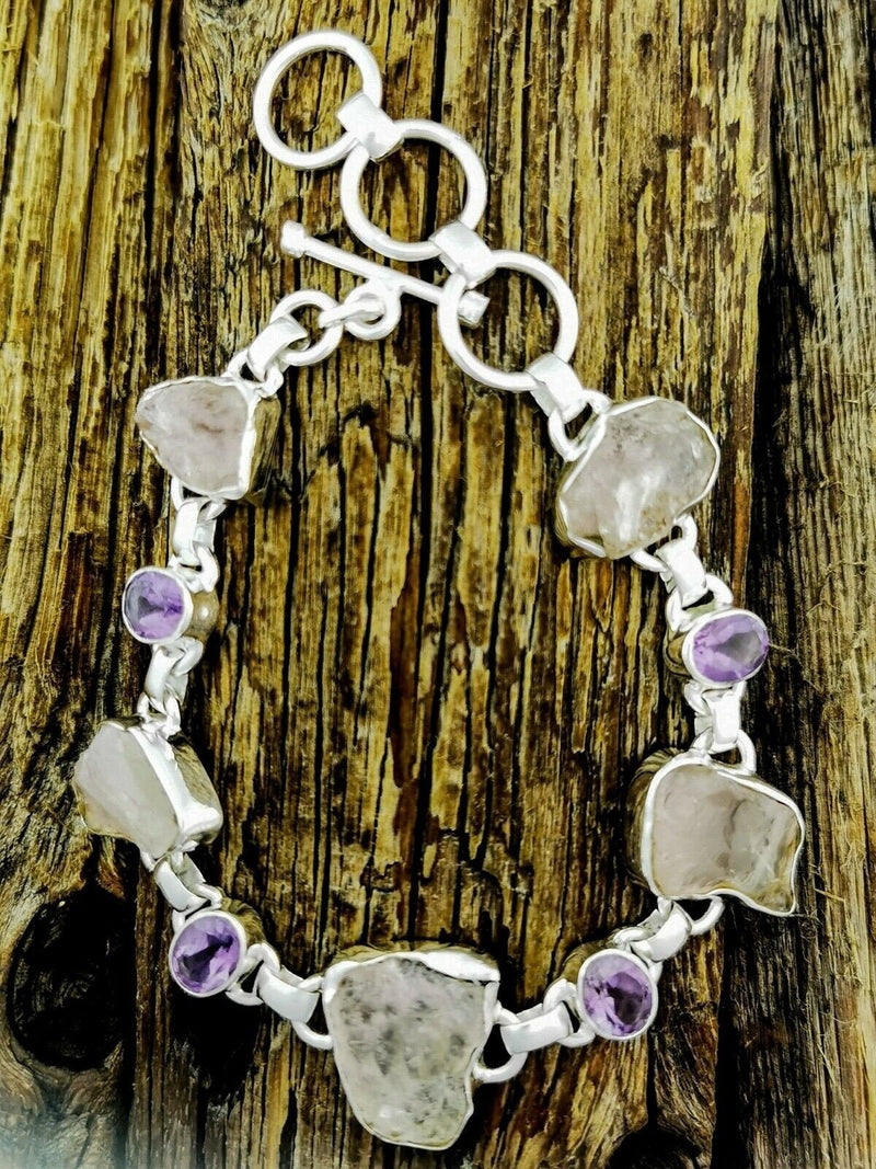 925 Sterling Silver Bracelet • Quartz Crystal and Amethyst Bracelet • Handcrafted