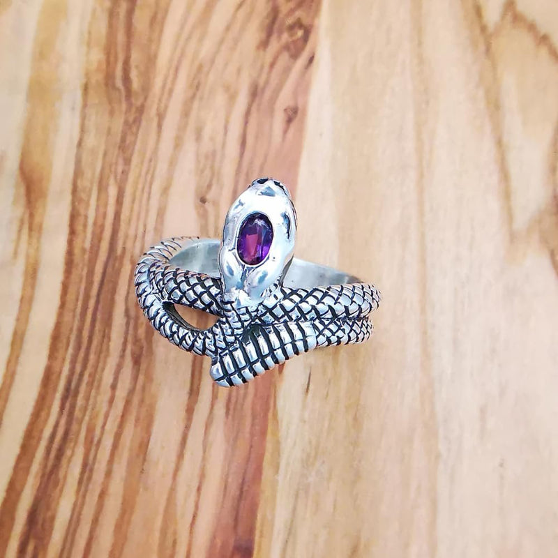 Size 9.25 - Sterling Silver and Amethyst Rattlesnake Ring