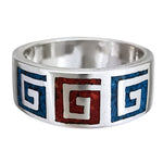 Size 8-925 Sterling Silver Swirling Tribal Band, Turquoise & Coral, Handmade Gemstone Jewelry