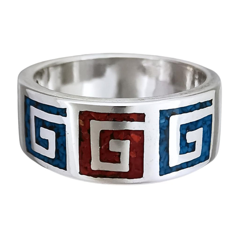 Size 8-925 Sterling Silver Swirling Tribal Band, Turquoise & Coral, Handmade Gemstone Jewelry