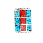 Size 7.5-925 Sterling Silver Turquoise Resin Rectangle Ring, Engraved Fan Design, Handmade Gemstone Jewelry, Statement Birthstone Band