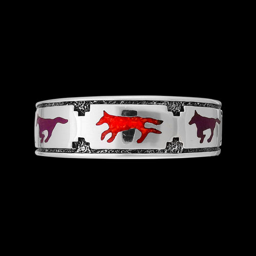 Sterling Silver Wildlife Ring • Running Wolves Design • Crushed Red Coral and Sugilite Accents