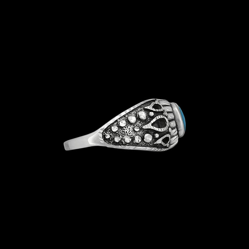 925 Sterling Silver Diamond Cut Oval Turquoise Cabochon Ring, Abstract Beaded Teardrop Design, Solitaire Gemstone Band, Handmade Jewelry (7.5)