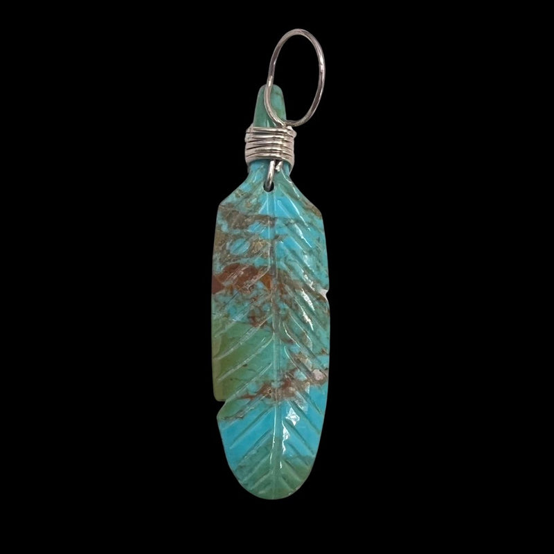 Native American Pendant, Hand Carved Turquoise Feather, 925 Silver