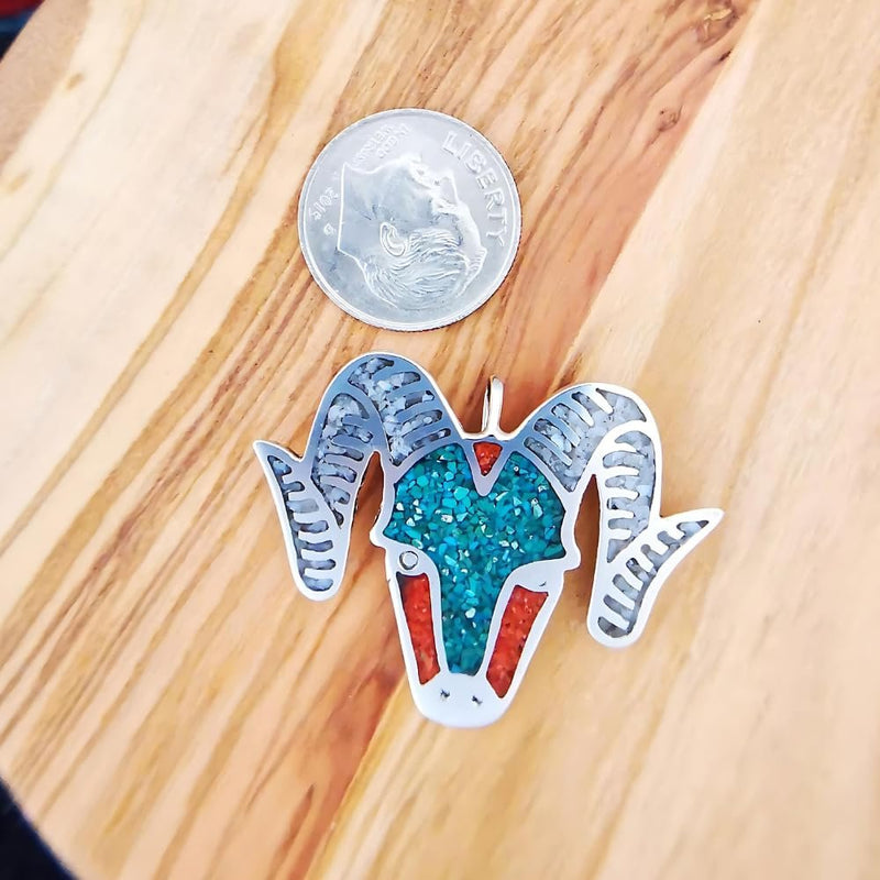 Vintage Silver Ram Pendant with Turquoise and Coral Inlay - Circa Mid-80s