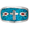 925 Sterling Silver Turquoise and Red Coral Ichthys Ring, Cross & Christian Fish Design, Handmade Native American Gemstone Jewelry, Statement Birthstone Band (10)
